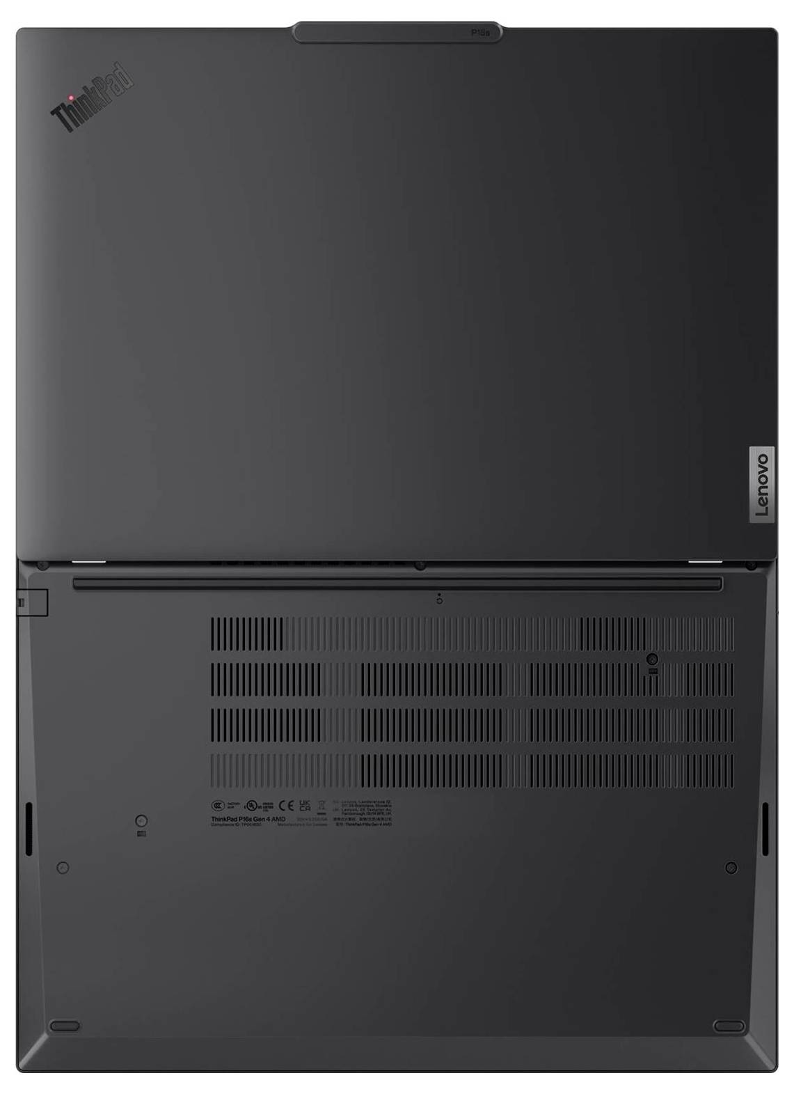 Rückansicht eines geschlossenen Lenovo ThinkPad-Laptops, die das Lenovo- und ThinkPad-Logo, Kühlungsöffnungen und ein Informationsfeld zu behördlichen Bestimmungen zeigt.