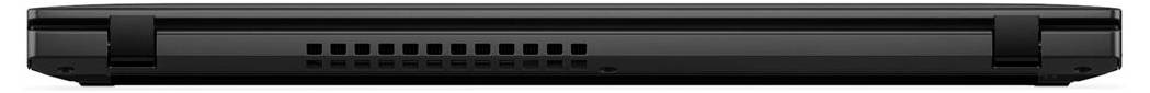 Ein geschlossenes schwarzes Laptop von hinten betrachtet, das das Belüftungsgitter und die Scharniere zeigt.