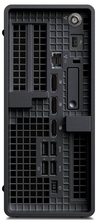 Das Rückfeld eines Computer-Towers mit verschiedenen Anschlüssen, darunter Ethernet, USB, HDMI, Thunderbolt und Stromverbindungen.