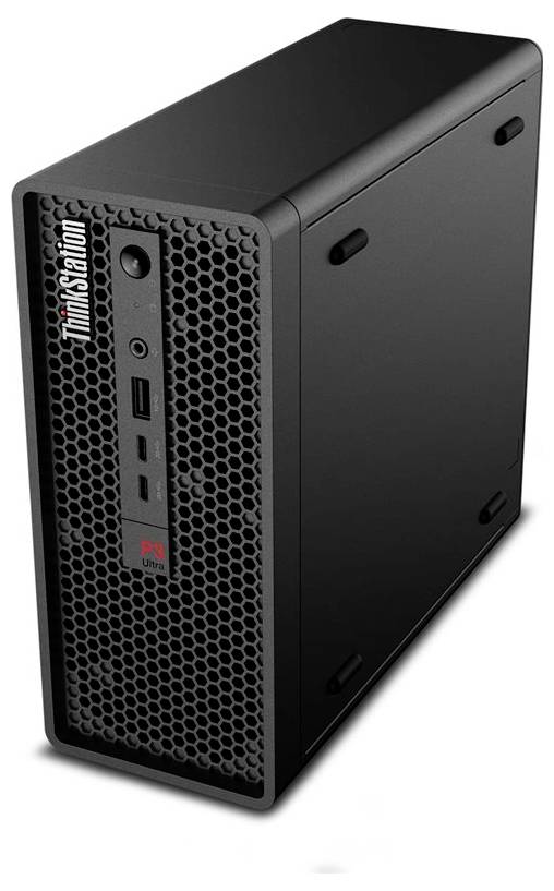 Ein schwarzer Desktop-Computer-Tower mit einer gittermustrigen Frontblende, bestehend aus Anschlüssen einschließlich USB und Audio sowie einem Stromschalter.