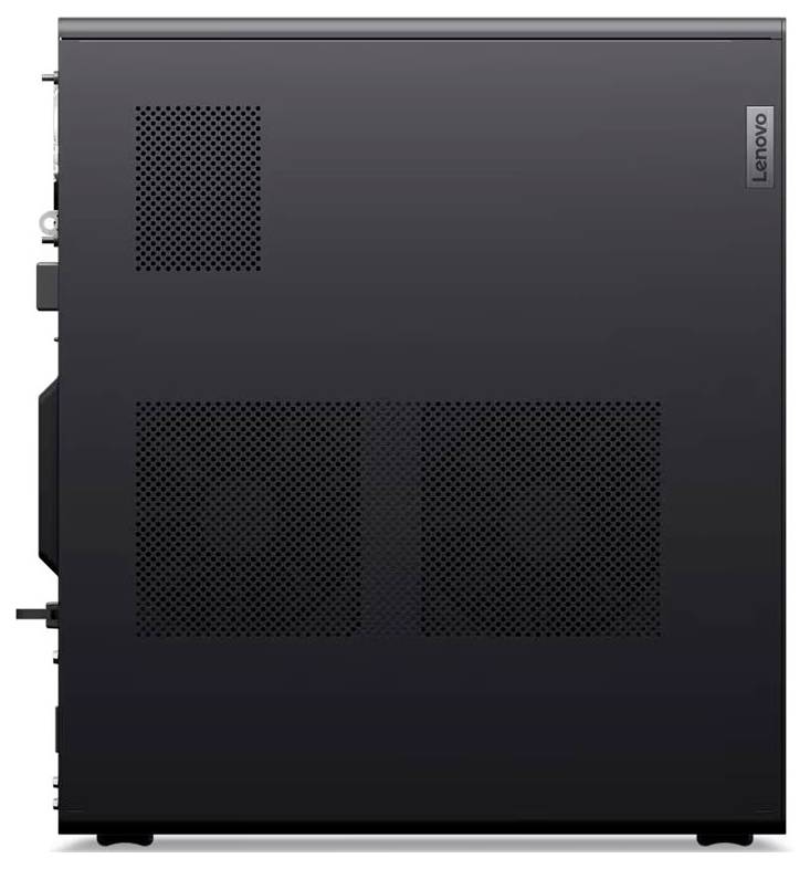 Ein schwarzer Lenovo ThinkStation-Desktop-Computer mit perforierter Frontblende, auf der USB-Anschlüsse und das Markenlogo sichtbar sind.