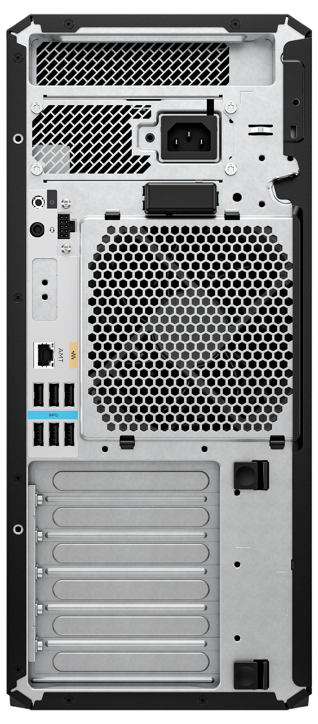 Rückseite eines Computer-Gehäuses mit verschiedenen Anschlüssen, darunter USB-, Audio-Buchsen und Stromversorgung. Lüftungsöffnungen und Erweiterungssteckplätze sind sichtbar.