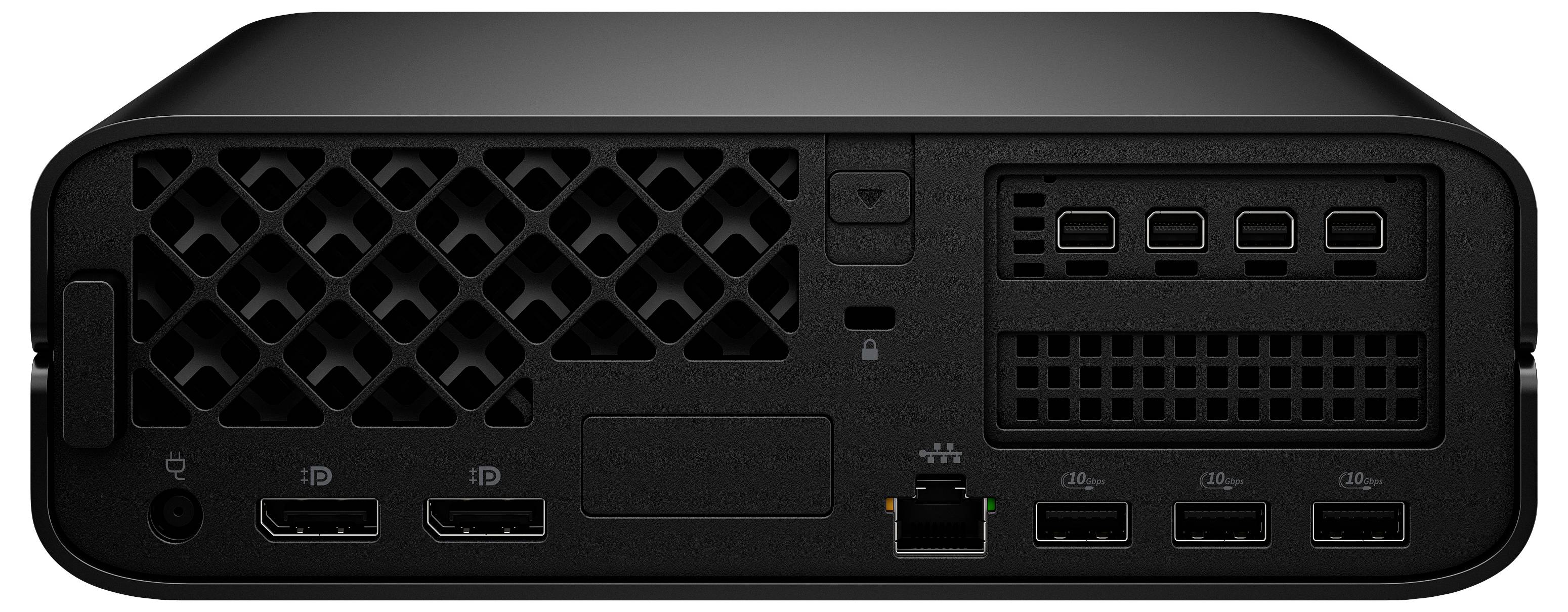 Rückansicht einer schwarzen Konsole mit verschiedenen Anschlüssen, einschließlich HDMI, Ethernet und USB, die Konnektivitätsoptionen hervorhebt.