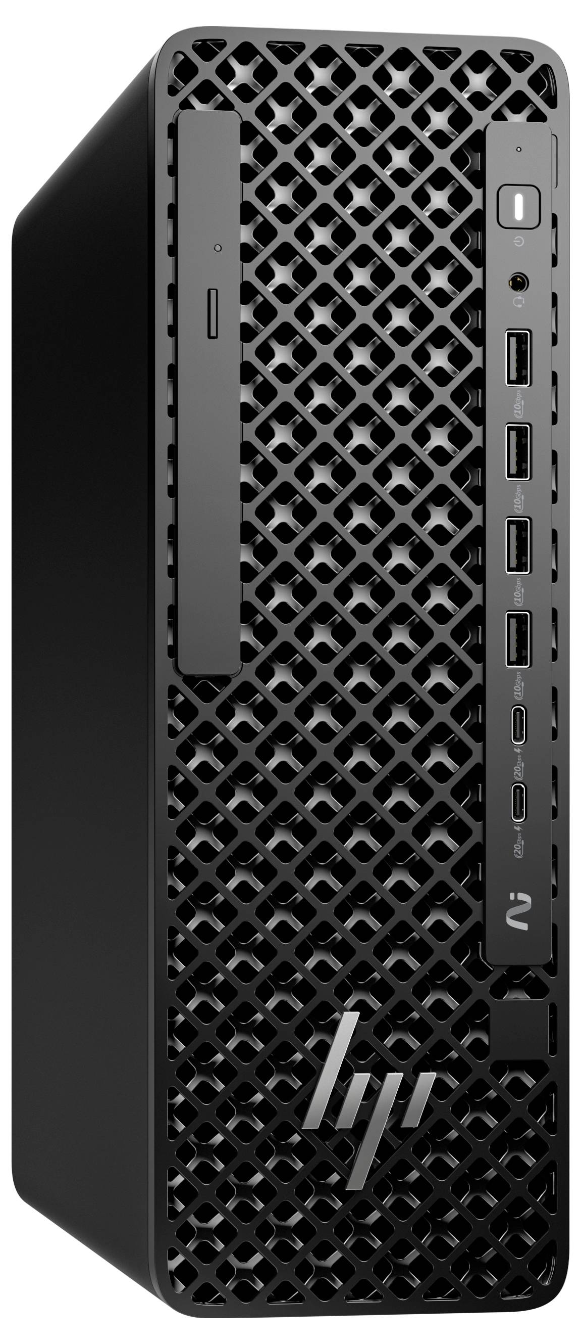 Ein schwarzer Desktop-Computer mit modernem Mesh-Frontpanel, sichtbare Anschlüsse einschließlich USB und HDMI. Das HP-Logo ist unten angebracht.