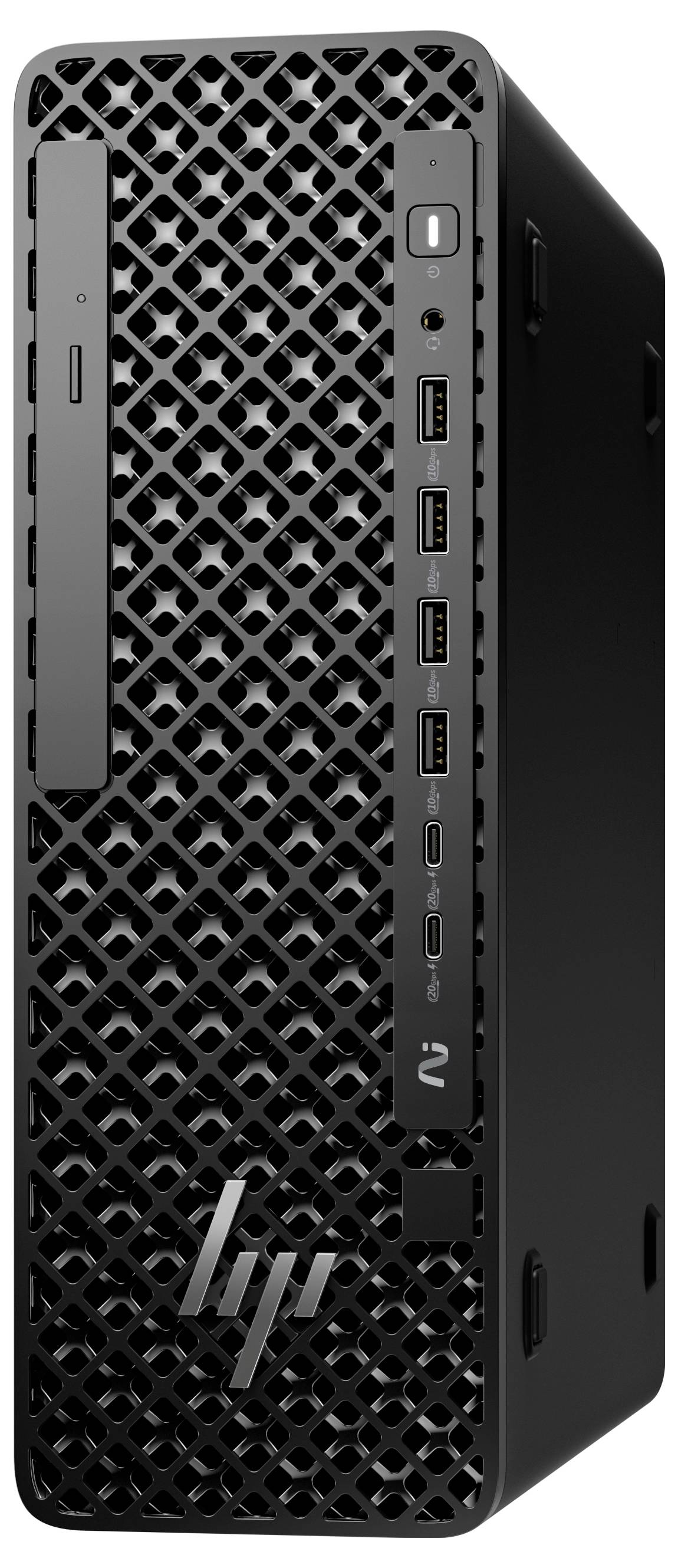 Ein schwarzer HP-Desktop-Computerturm mit durchlöchertem Frontdesign, ausgestattet mit mehreren USB-Anschlüssen und einem Stromschalter.