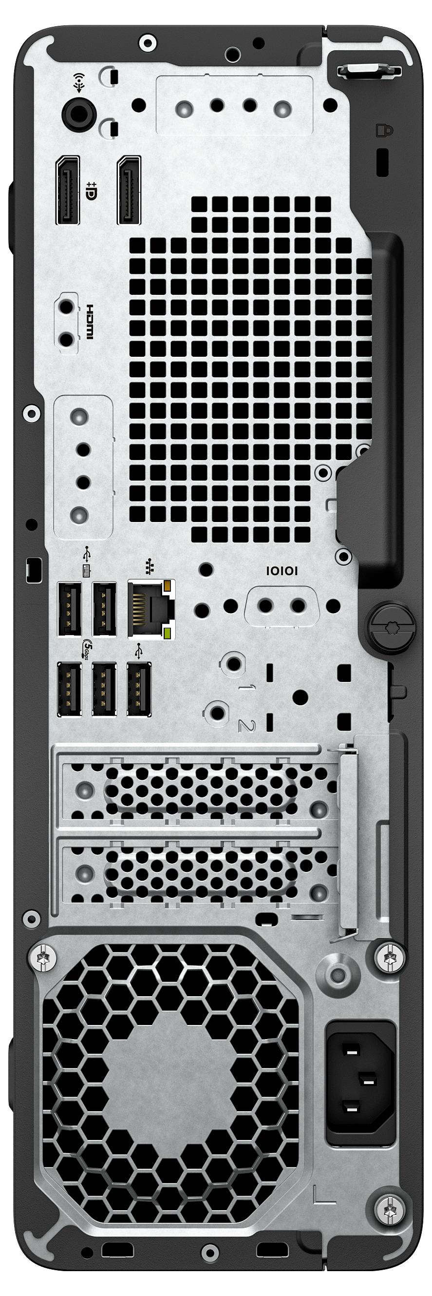 Das Bild zeigt die Rückseite eines Computer-Towers mit verschiedenen Anschlüssen, einschließlich USB, HDMI und Ethernet, neben Lüftungsgittern.