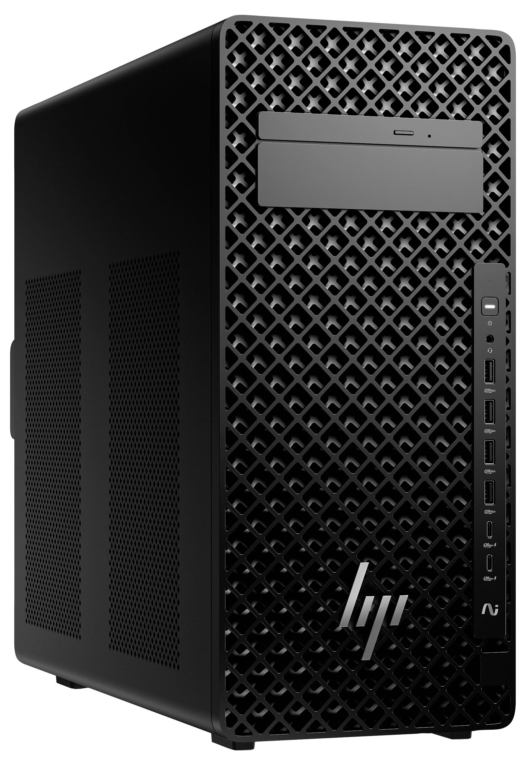 Ein schwarzer Computer-Tower mit einer Netzgitter-Frontplatte, USB-Anschlüssen und einem optischen Laufwerk. Das Logo ist auf der unteren Frontplatte sichtbar.