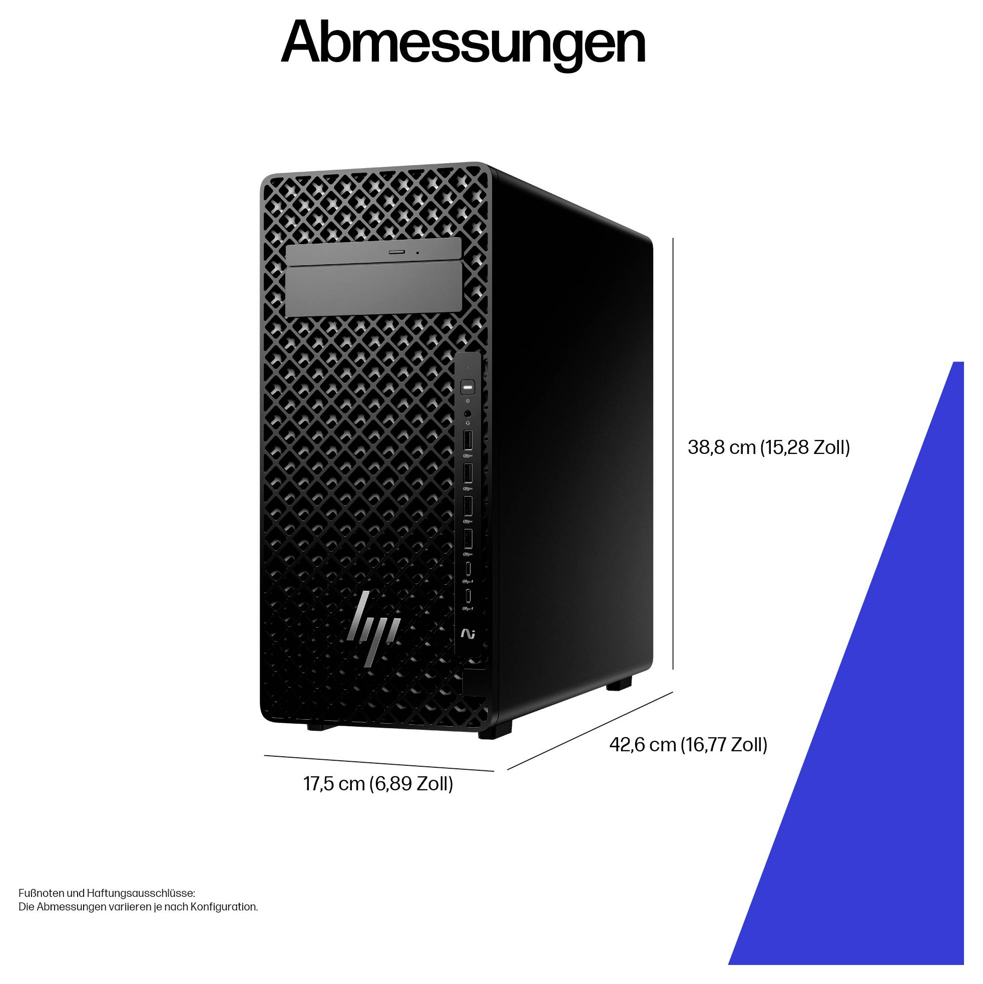 'Abmessungen' eines schwarzen PC-Towers: Höhe 38,8 cm (15,28 Zoll), Breite 17,5 cm (6,89 Zoll), Tiefe 42,6 cm (16,77 Zoll).
