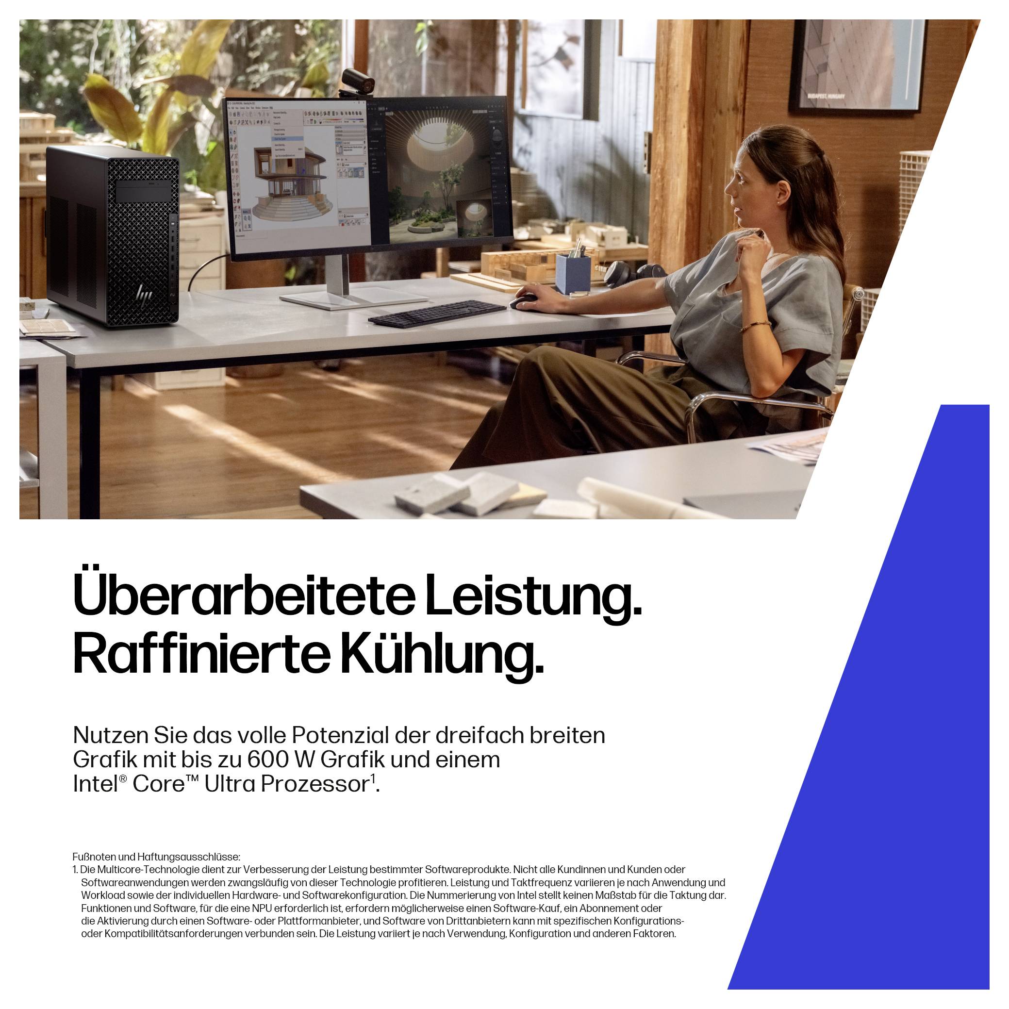 Frau arbeitet am Computer mit 'Überarbeitete Leistung. Raffinierte Kühlung.' Überschrift, beschreibt erweiterte Grafikkartenfähigkeiten.