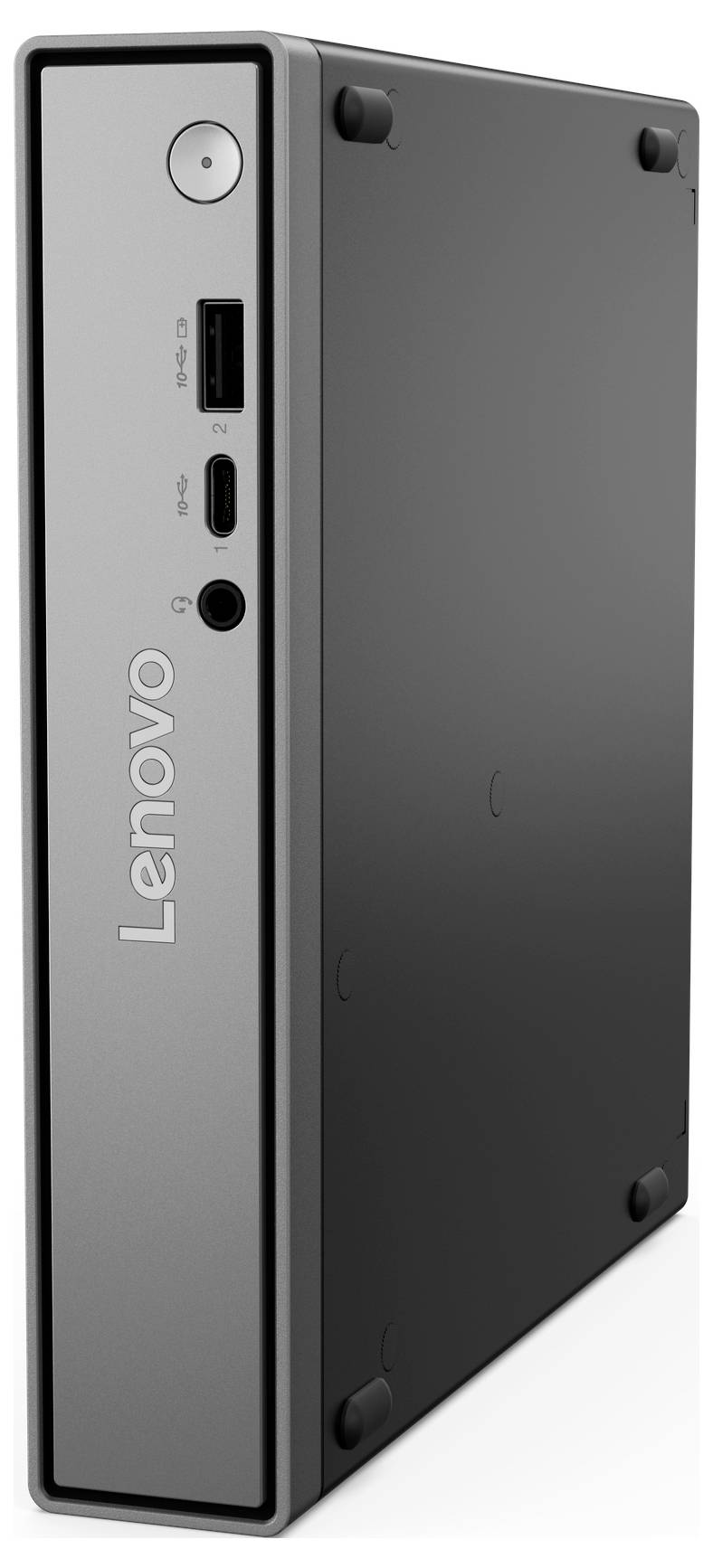 Ein kompakter Lenovo Mini-Desktop-Computer mit USB- und Kopfhöreranschlüssen auf der Frontplatte, der vertikal stehend dargestellt ist.