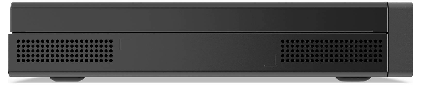 Ein schlankes schwarzes elektronisches Gerät, wahrscheinlich ein Set-Top-Box oder eine Konsole, mit Belüftungslöchern auf der Frontplatte, von vorne gezeigt.