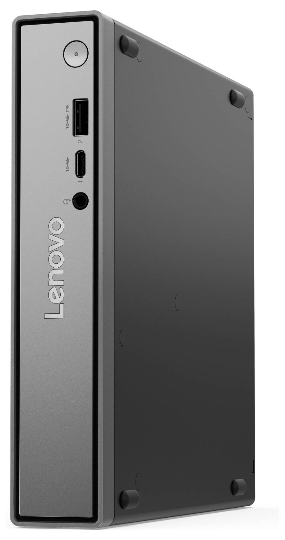 Ein kompakter, schwarzer Lenovo-Computerturm mit vorderen Anschlüssen für USB, Audio und Netzschalter.