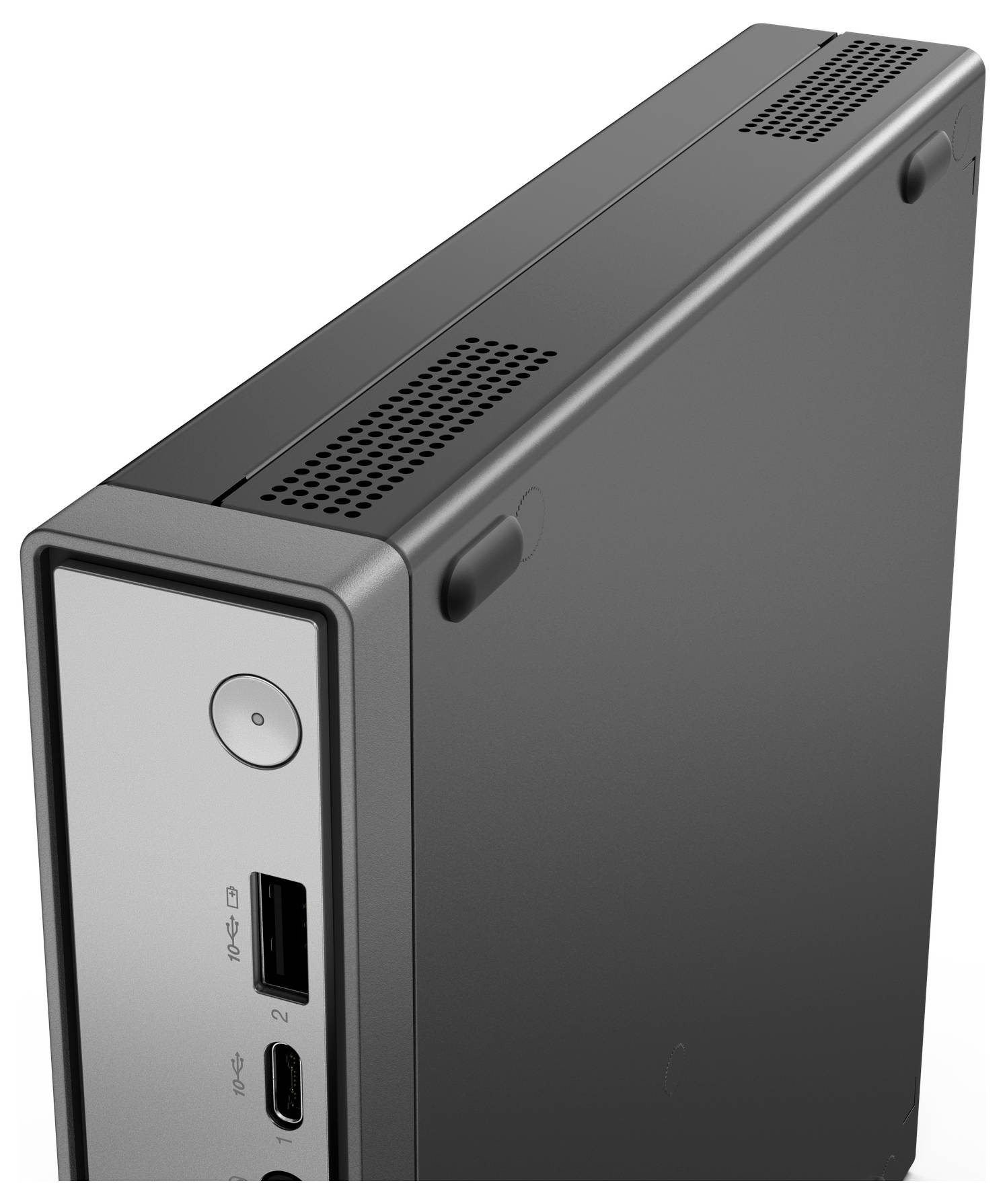 Ein schwarzer, kompakter Desktop-Computer mit Anschlüssen und einem Netzschalter auf der Frontplatte, konzipiert für effiziente Platzersparnis.