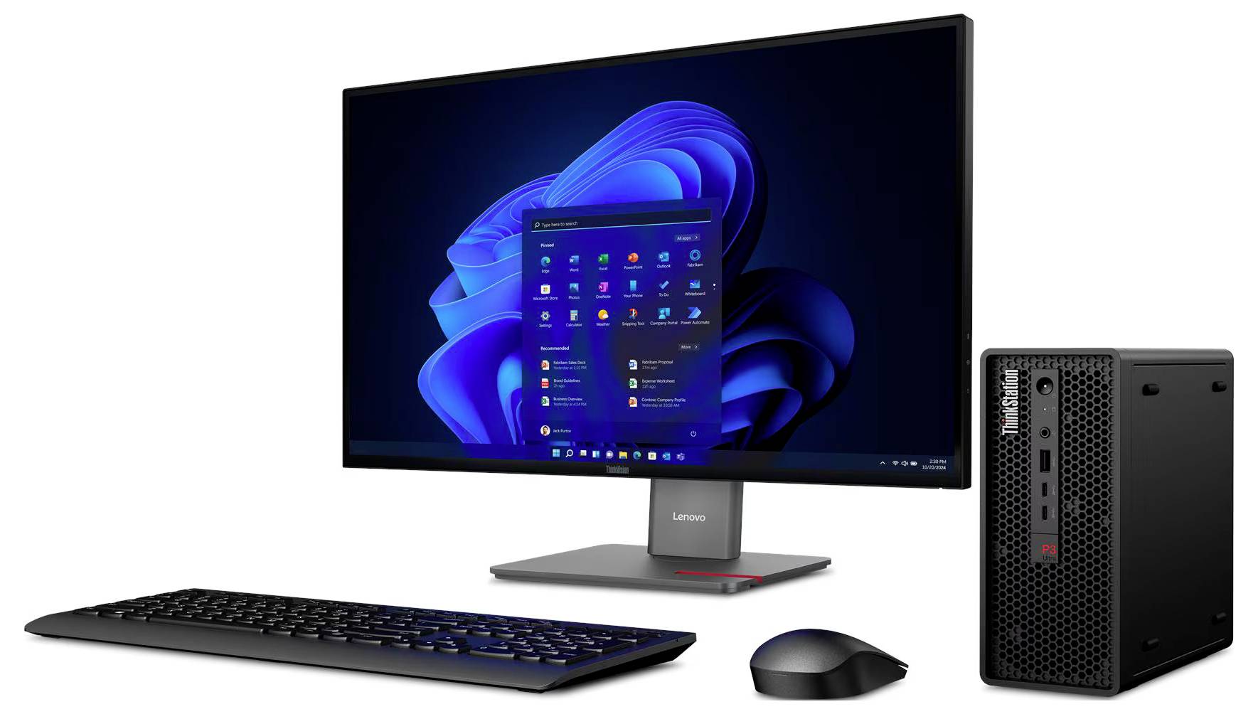 Ein Desktop-Computer-Setup mit einem Monitor, auf dem das Windows 11-Startmenü angezeigt wird, zusammen mit einer Tastatur, einer Maus und einem Lenovo ThinkCentre Mini-PC.