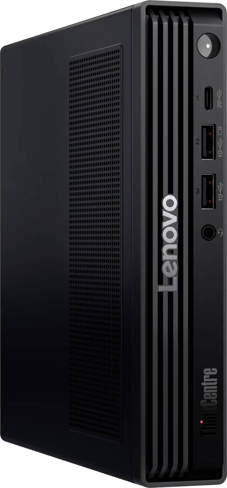 Ein schwarzer Lenovo ThinkCentre Desktop-Computer-Turm mit vertikalem Design, Anschlüssen auf der Frontplatte und Belüftung.