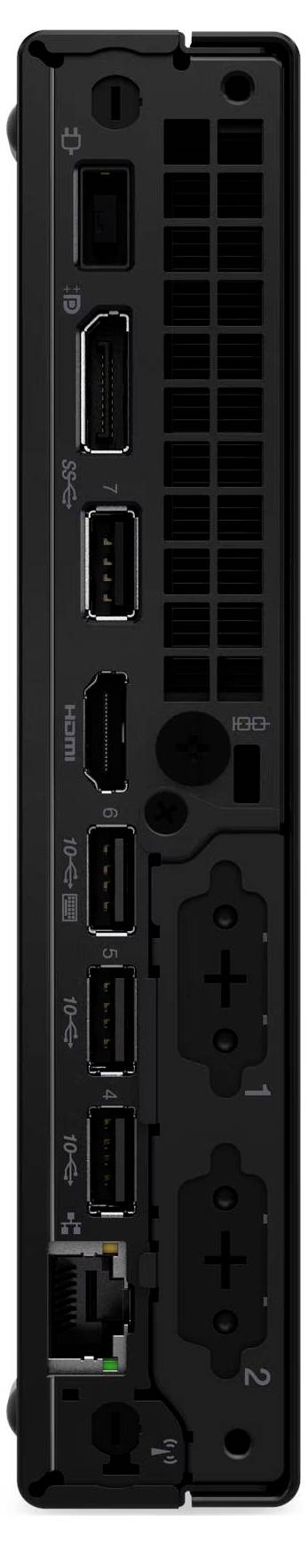 Das Bild zeigt die Rückseite eines Computers mit verschiedenen Anschlüssen, darunter USB, HDMI, Ethernet, DisplayPort und Stromverbindungen.