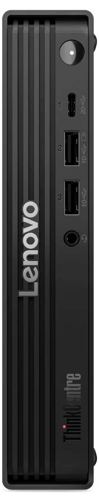 Ein schlanker, schwarzer Lenovo-Desktop-Mini-PC mit vorderen USB-Anschlüssen, einem Ein-/Ausschalter und sichtbarem Branding, vertikal stehend.