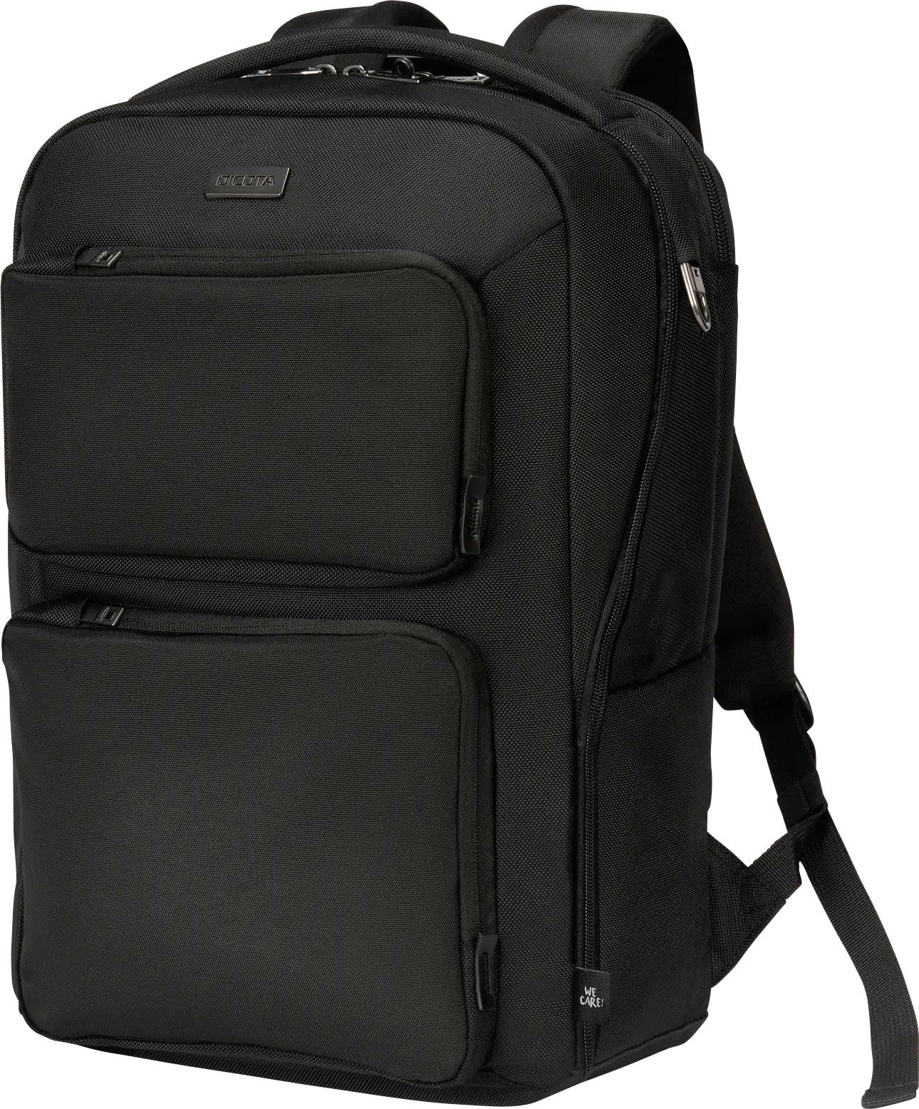 Ein schwarzer Rucksack mit mehreren verschließbaren Fächern mit Reißverschluss und gepolsterten Trägern, entworfen für Reisen oder tägliche Nutzung.