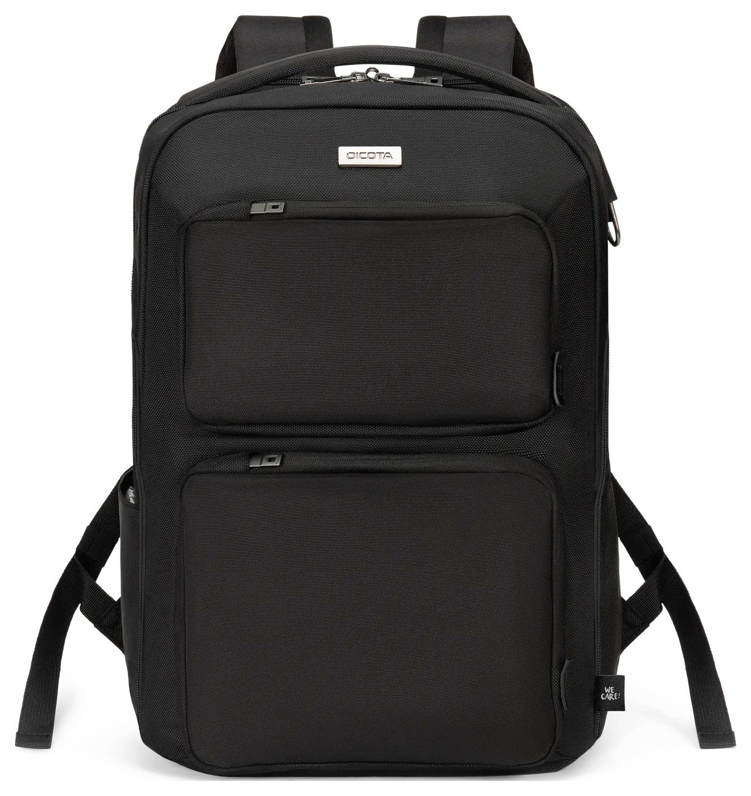 Ein schwarzer Rucksack mit gepolsterten Schultergurten und zwei vorderen Reißverschlussfächern wird vor einem weißen Hintergrund gezeigt.