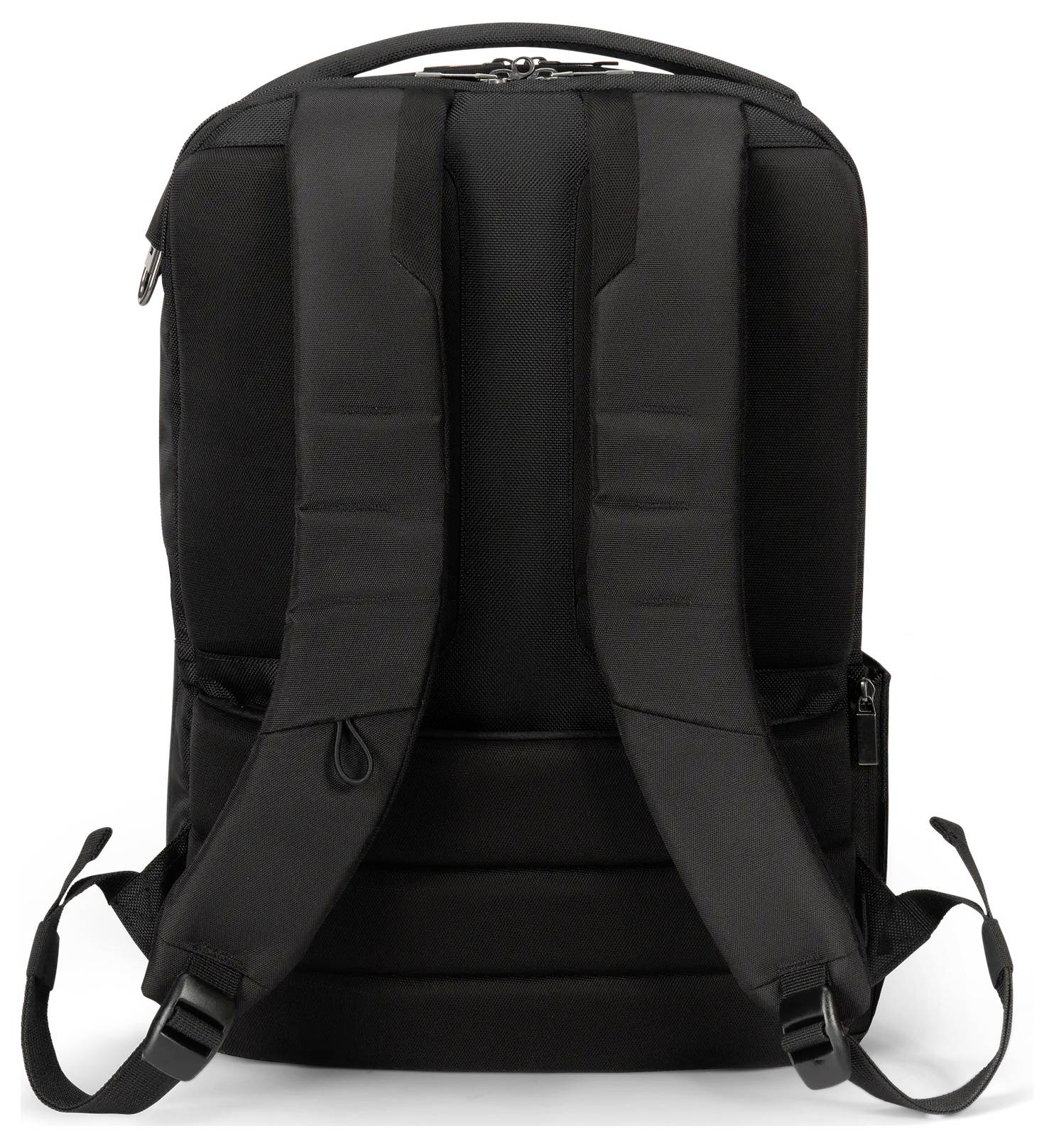 Ein schwarzer Rucksack von hinten dargestellt, mit verstellbaren Schultergurten und einem Griff oben.