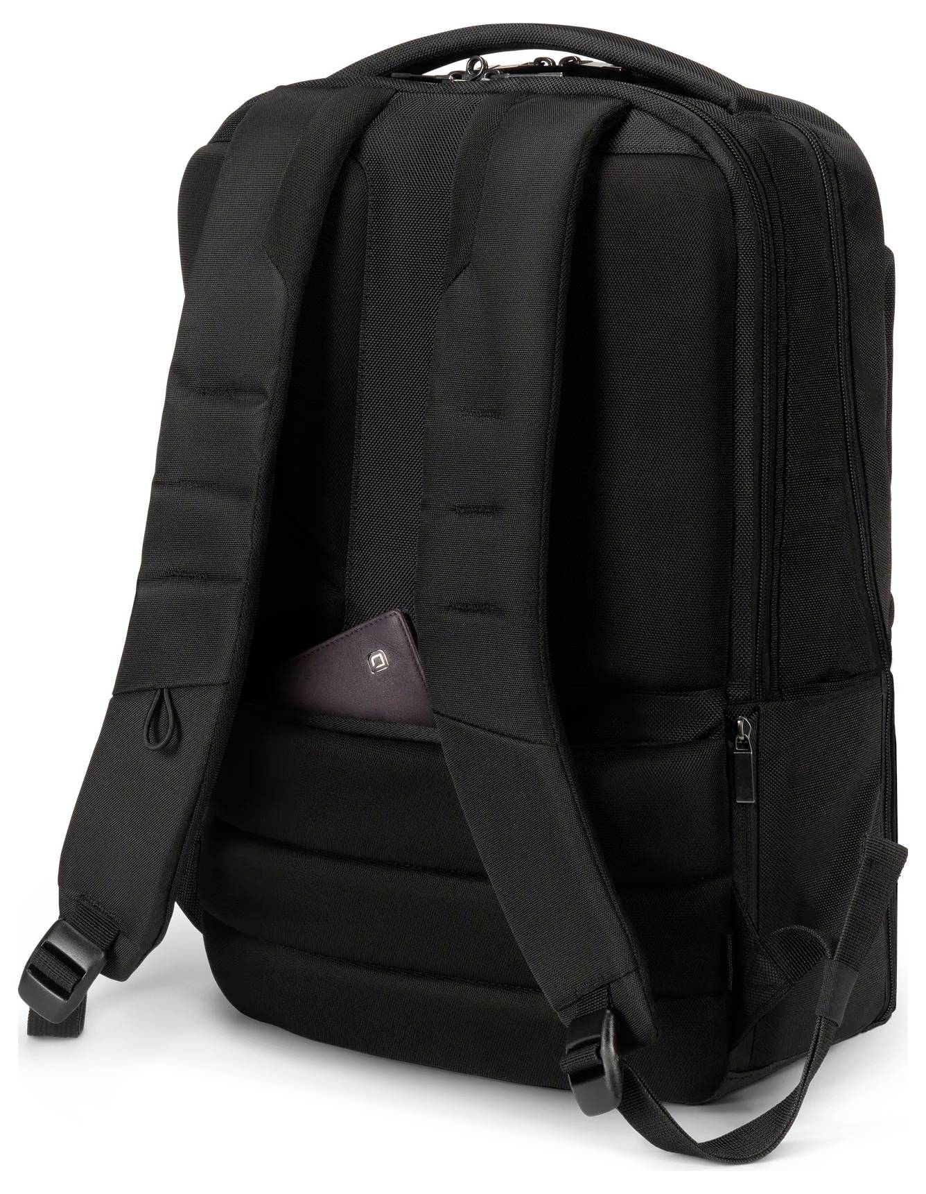 Ein schwarzer Rucksack mit gepolsterten Schultergurten und einer kleinen Tasche, die ein Buch enthält. Der Rucksack wird von der Rückseite gezeigt.