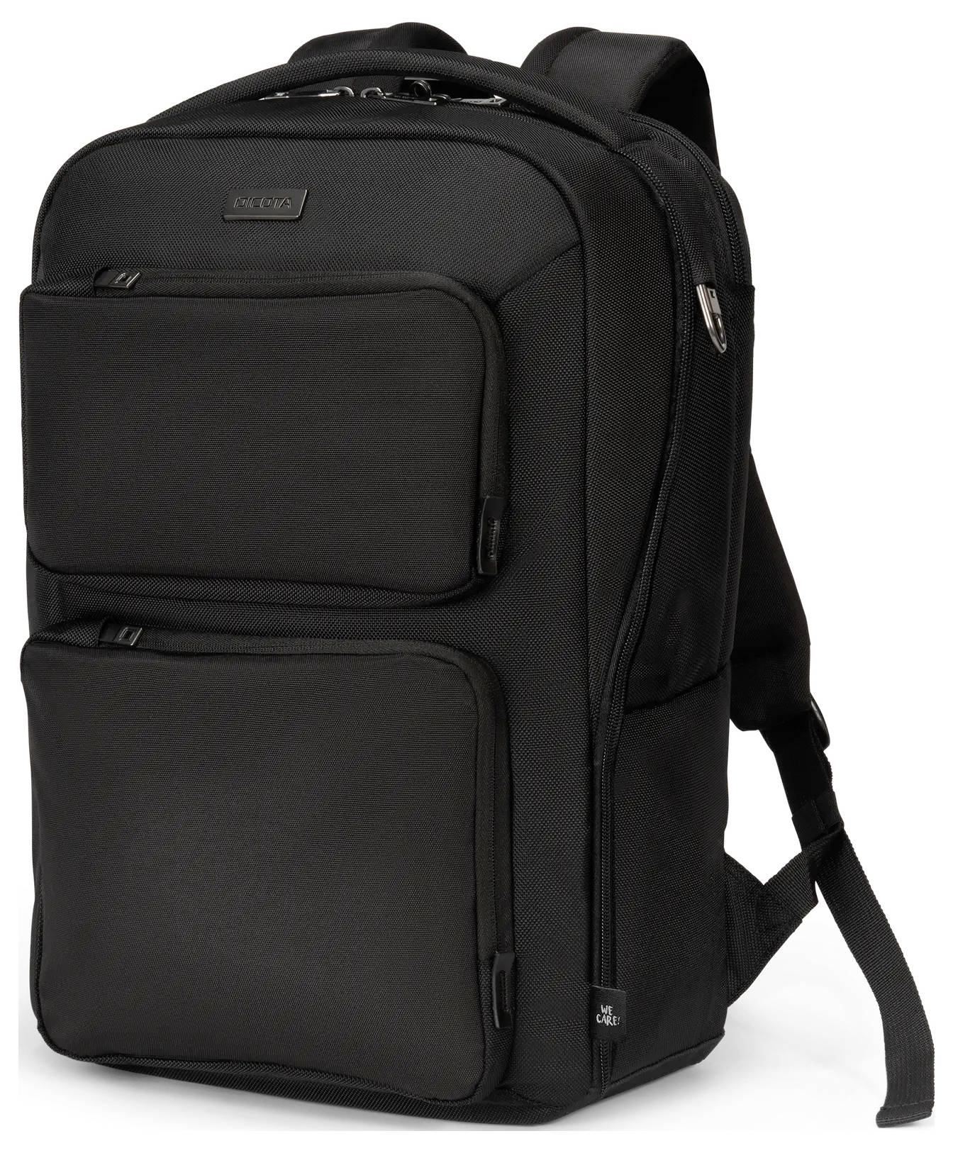 Ein schwarzer Rucksack mit mehreren Fächern, Reißverschlüssen und gepolsterten Schultergurten, konzipiert zum sicheren Transportieren von Gegenständen.
