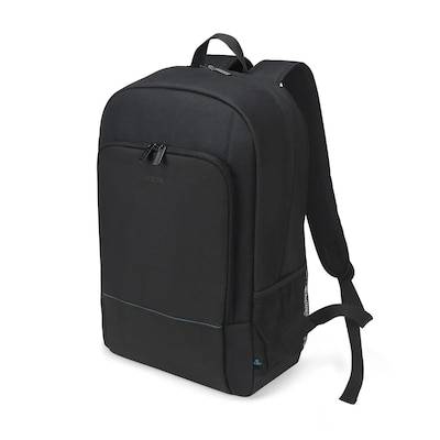 Ein schwarzer, rechteckiger Rucksack mit zwei Taschen und verstellbaren Riemen sitzt auf einem schlichten weißen Hintergrund und zeigt sein elegantes und funktionales Design.