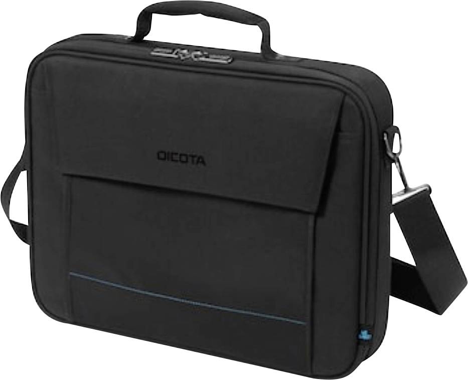 Eine schwarze Laptop-Tasche mit Griff und Schultergurt, mit einer Vordertasche und dem Markennamen auf der vorderen Klappe.
