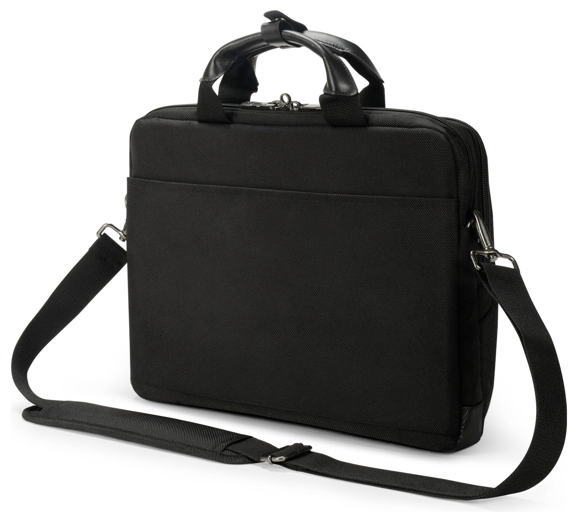 Eine schwarze Laptoptasche mit Griff und verstellbarem Schultergurt, mit minimalistischem Design, das sich für professionelle Zwecke eignet.