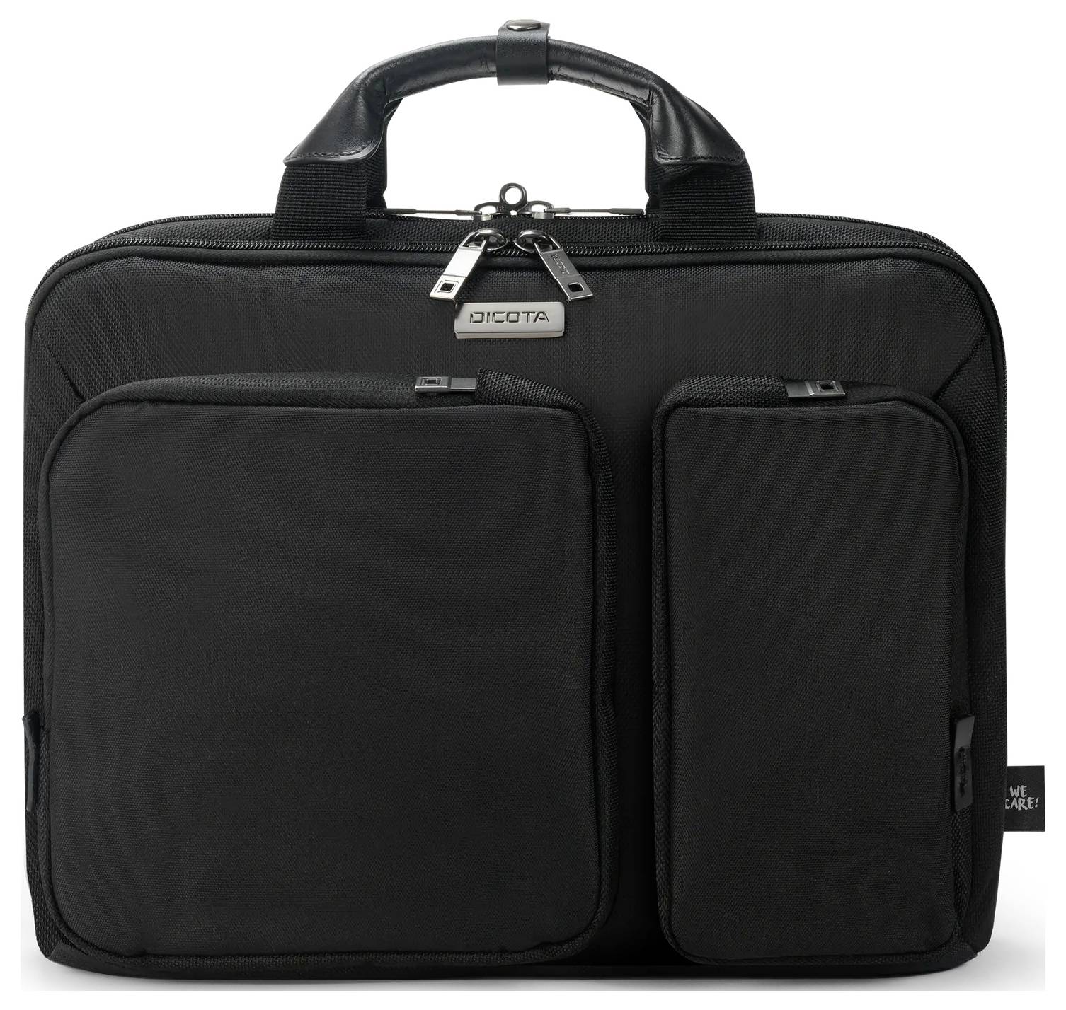 Eine schwarze Laptop-Tasche mit Griff, zwei Reißverschluss-Vordertaschen und einem Hauptfach mit Doppelreißverschluss, konzipiert zum Transportieren von Laptops.