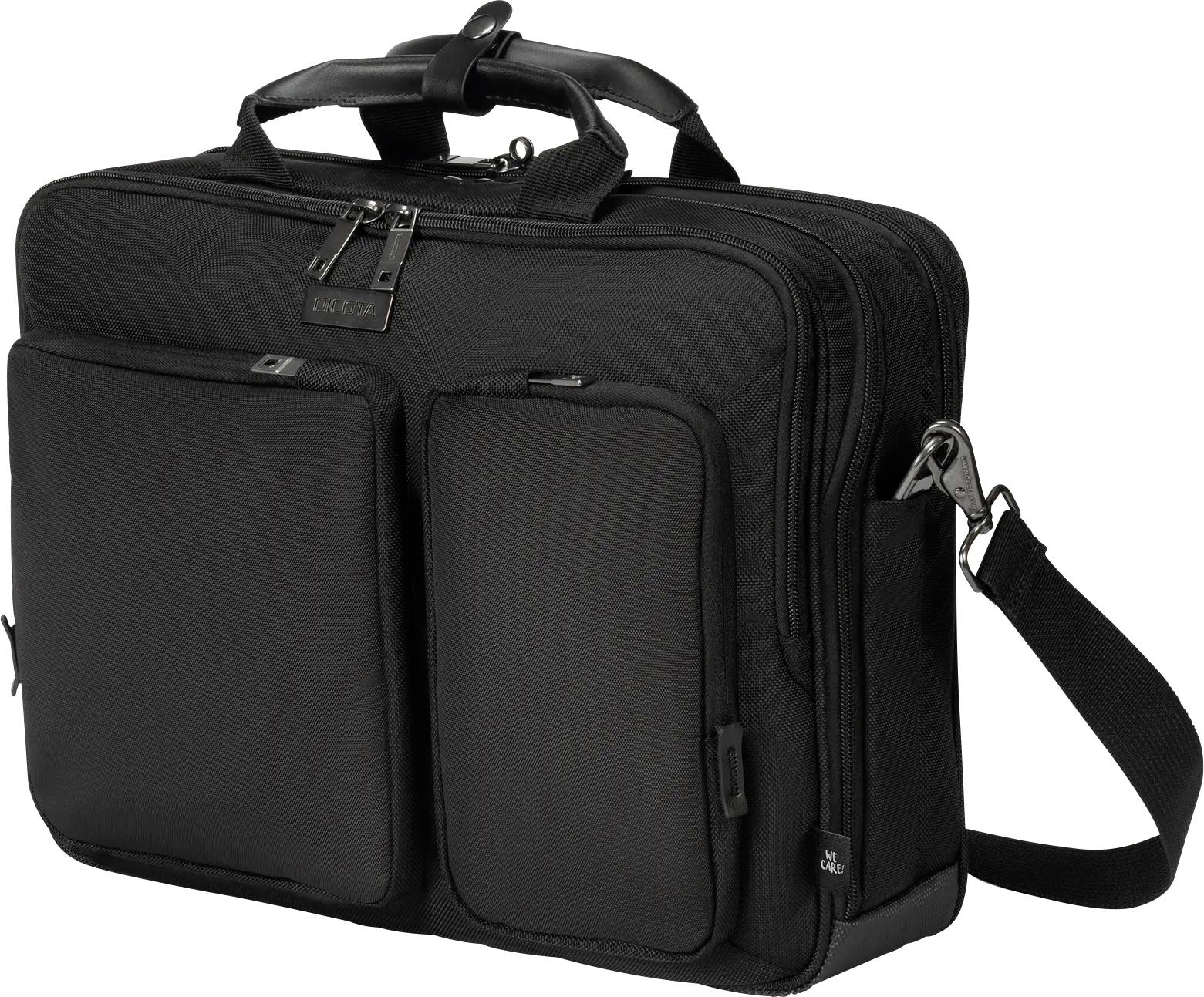 Eine schwarze Laptoptasche mit mehreren verschließbaren Fächern mit Reißverschluss und einem Schultergurt, entwickelt zum sicheren Transport eines Laptops und Zubehörs.