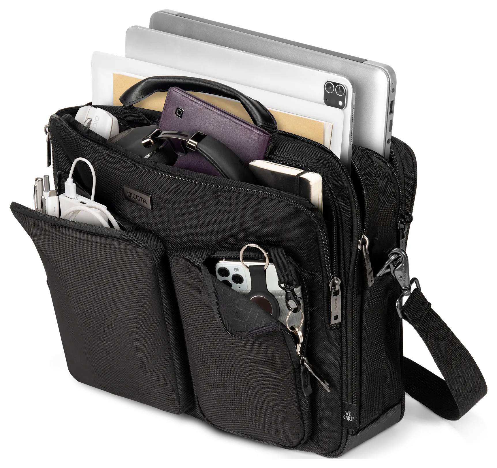 Eine schwarze Laptop-Tasche mit mehreren Fächern, die einen Laptop, ein Tablet, ein Smartphone, Ladegeräte und Zubehör enthält und ihre Organisationsfähigkeit zeigt.