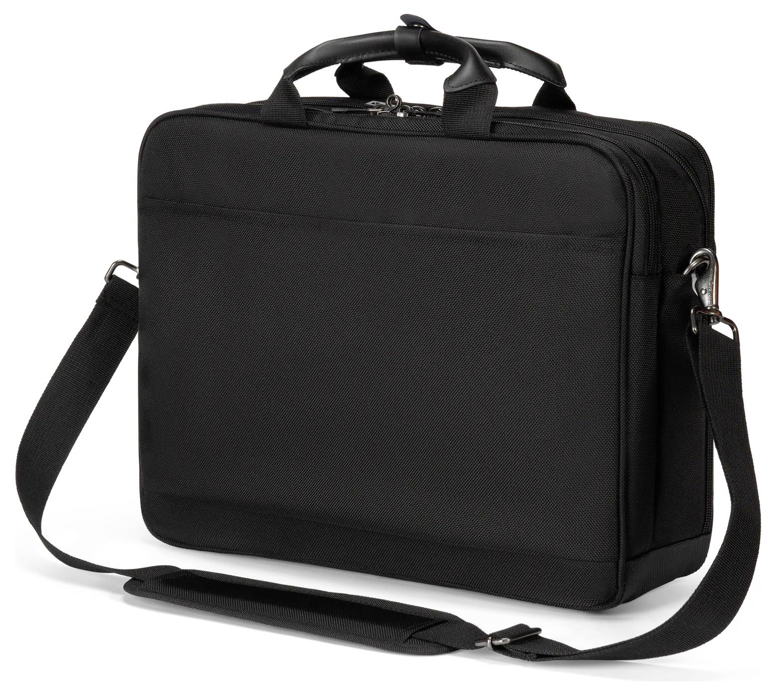 Eine schwarze Laptoptasche mit Schultergurt und Griff, entworfen zum Transportieren von elektronischen Geräten und Zubehör.
