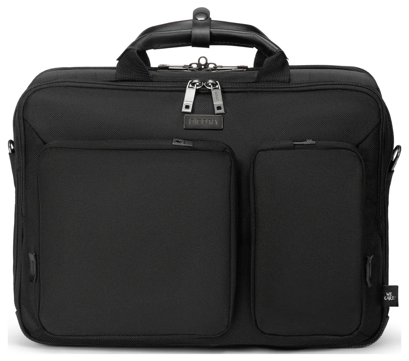 Eine schwarze Lederaktentasche mit zwei vorderen Reißverschlussfächern und einem robusten Griff, entworfen für geschäftliche oder Reisezwecke.