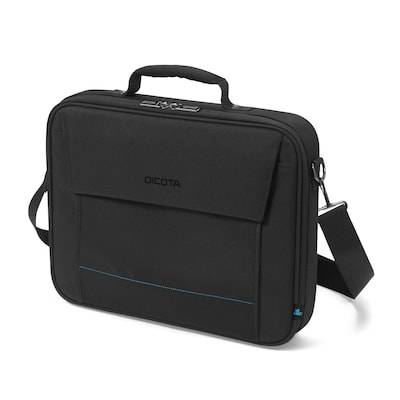 Eine schwarze Laptoptasche mit einem Griff und Schultergurt, mit einer Vordertasche.