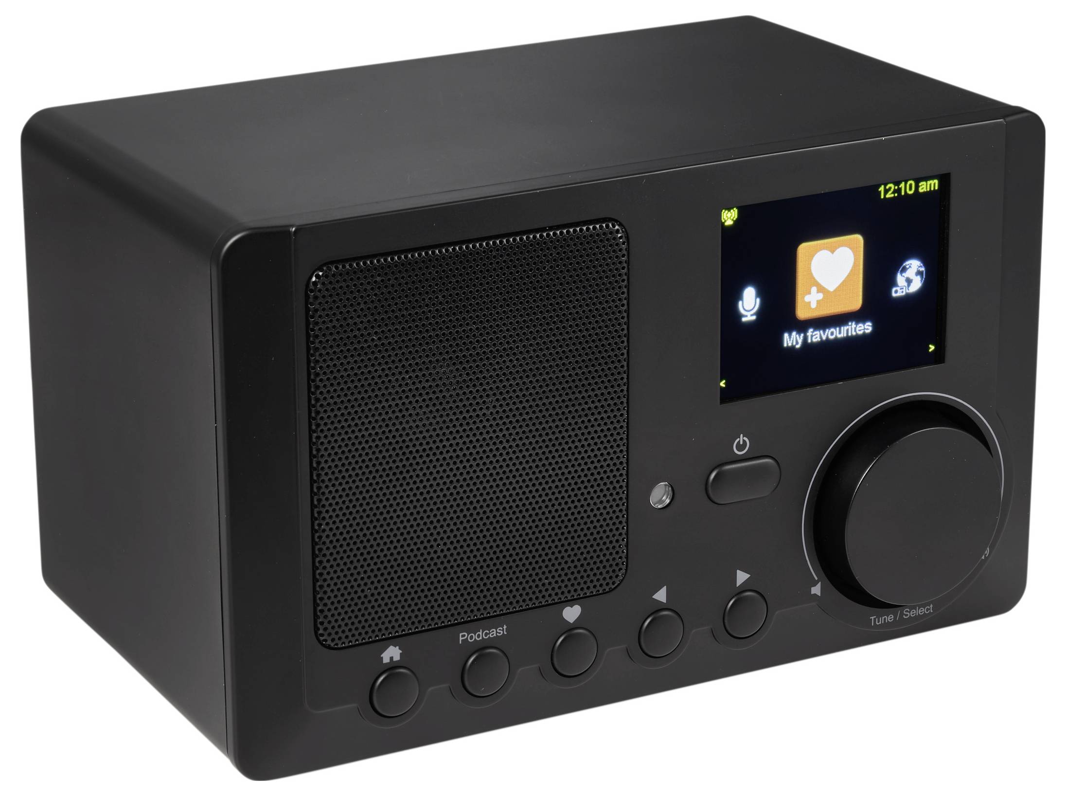 Schwarzes digitales Tischradio mit Lautsprechergitter, kleinem Farbdisplay, das 