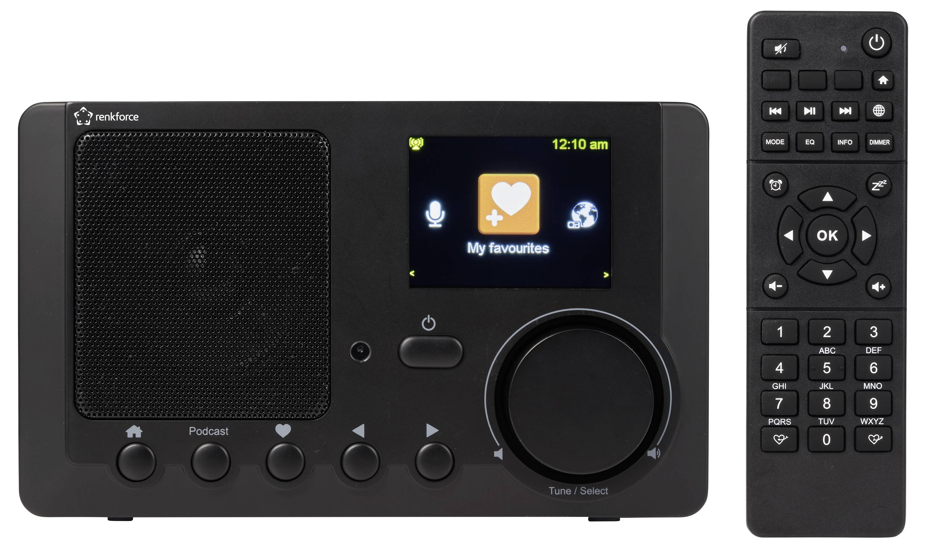 Schwarzes digitales Radio mit farbigem Display, das „Meine Favoriten