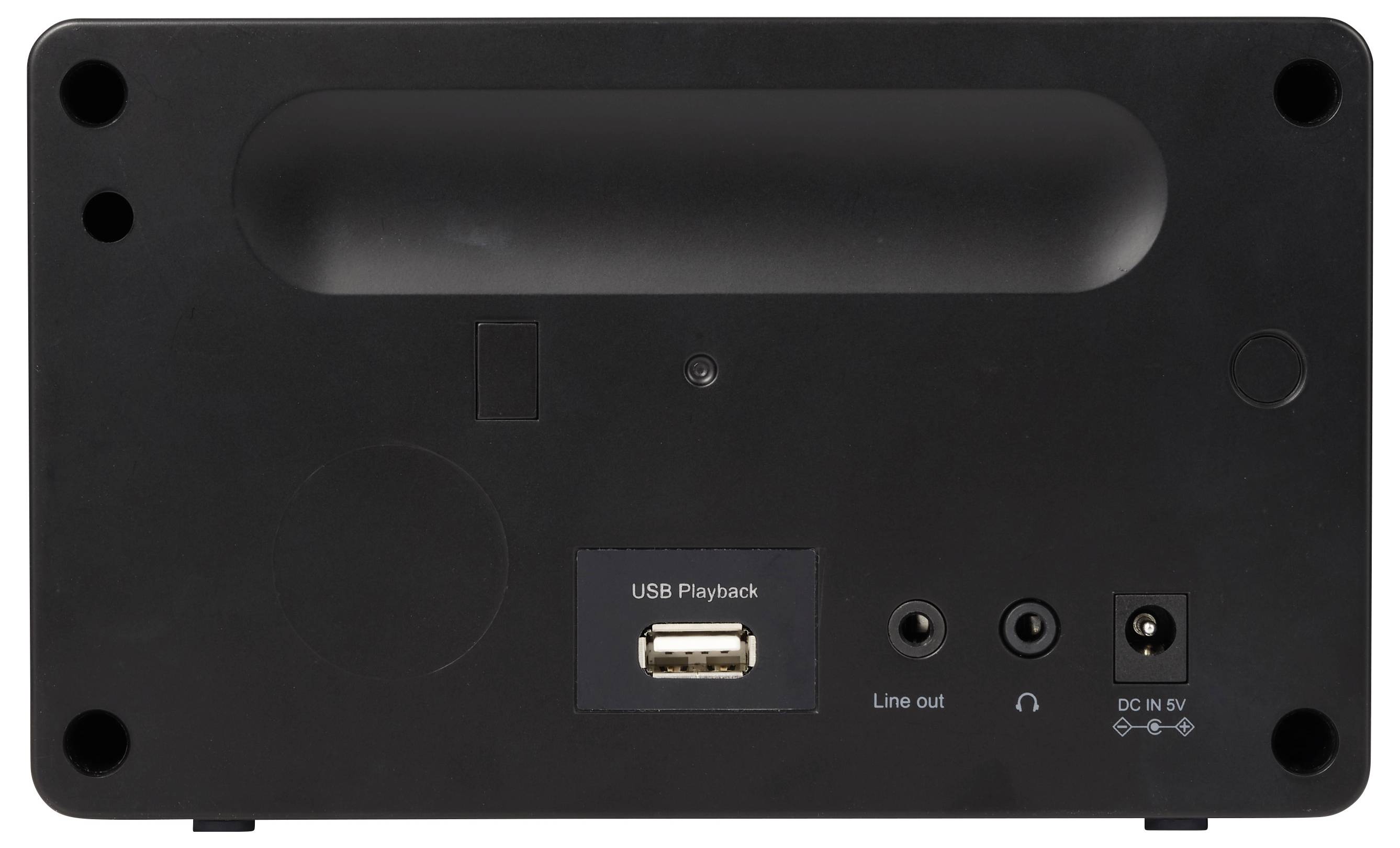 Rückseite eines schwarzen elektronischen Geräts mit USB-Wiedergabeanschluss, Line-Out, Kopfhöreranschluss, 5V Gleichstromeingabe und Befestigungslöchern.