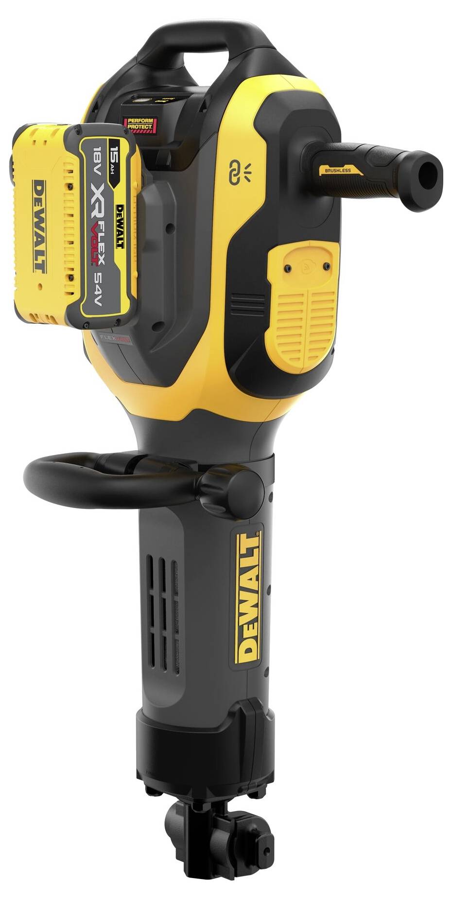 DEWALT Akku-Abbruchhammer mit gelb-schwarzem Design, ausgestattet mit Griff und angebrachtem wiederaufladbarem Akku.