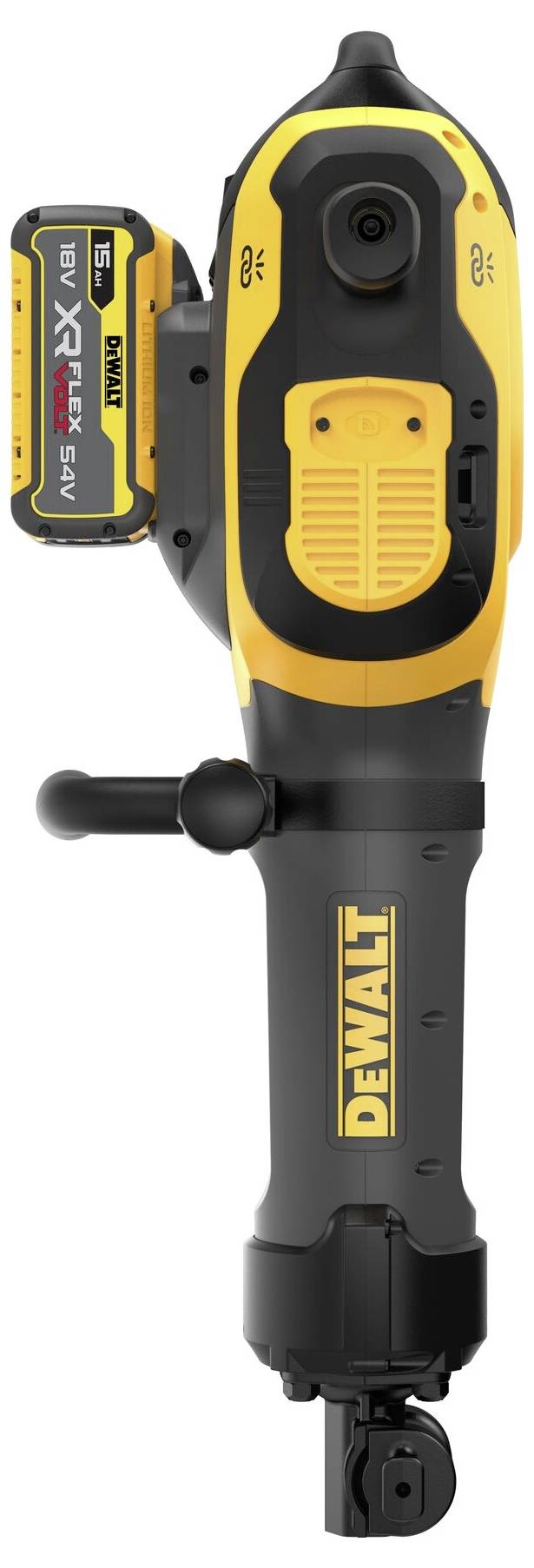 Ein kabelloses Elektrowerkzeug von DeWalt in Gelb und Schwarz mit angebrachtem Akku, konzipiert für mechanische oder Bauarbeiten und zeigt das Markenlogo.