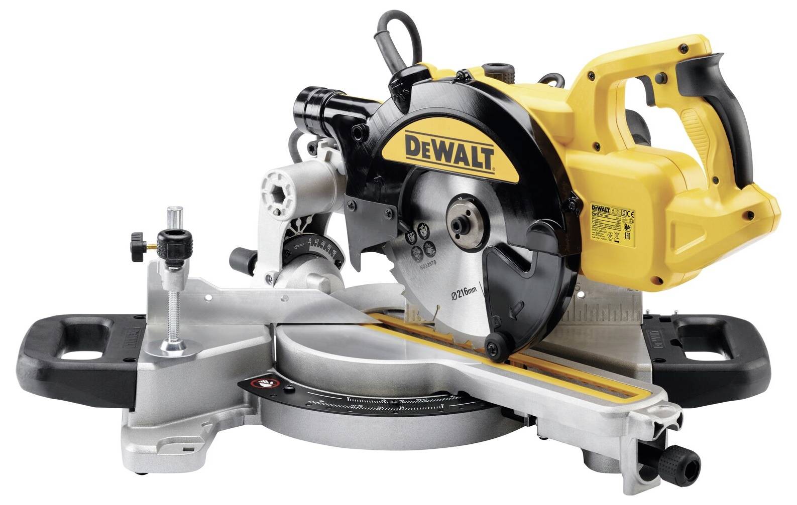 Eine gelb-schwarze elektrische Gehrungssäge auf metallischer Basis, Marke „DeWalt