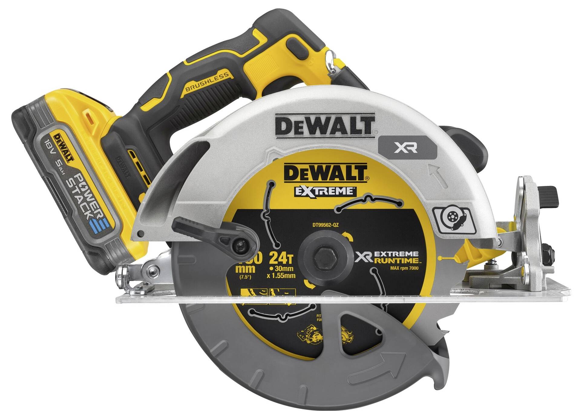Eine DeWalt Kreissäge im gelb-schwarzen Design, die ihr XR Extreme Runtime Branding und ein 24-Zahn-Blatt zeigt.