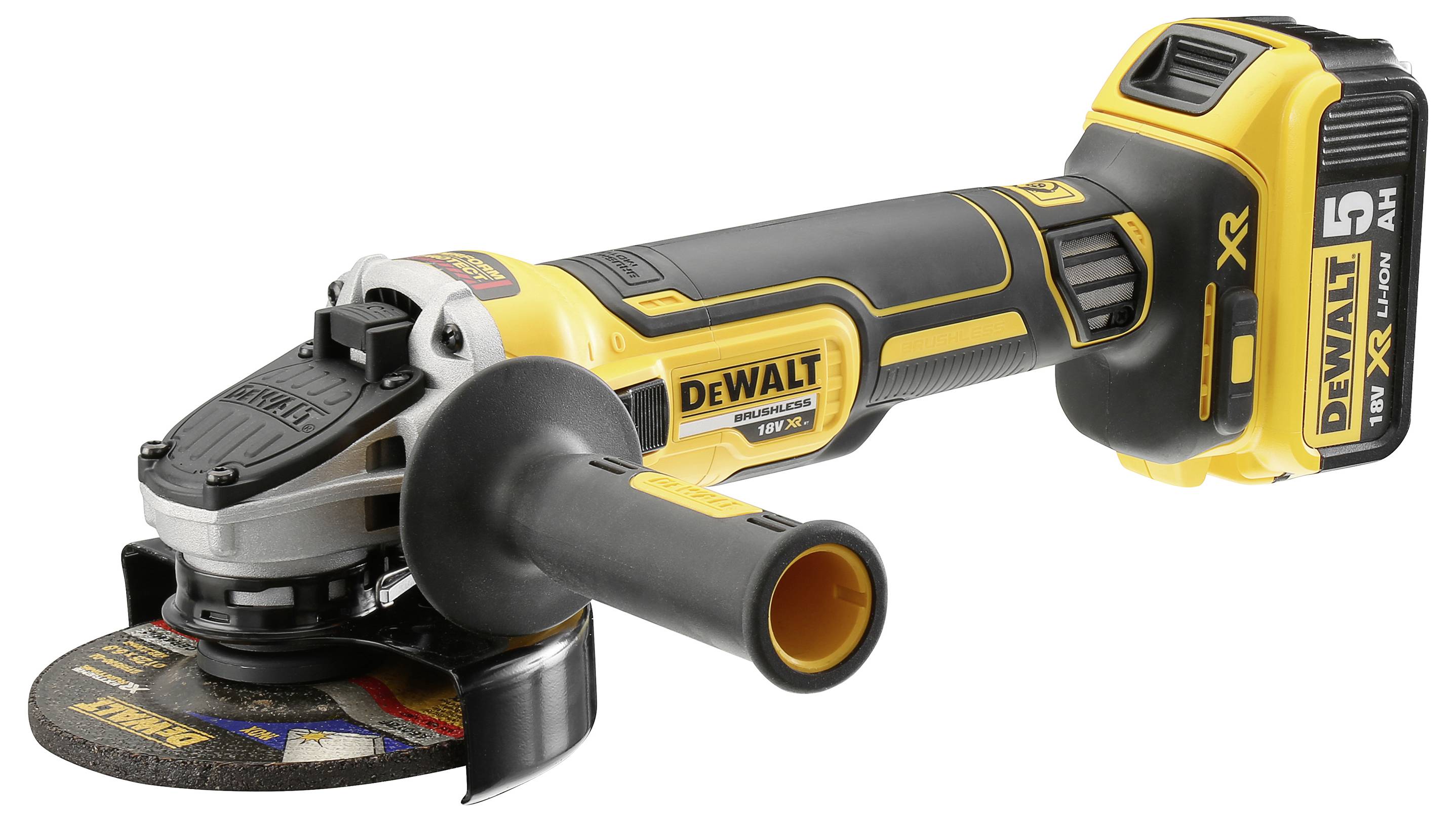 Ein gelber und schwarzer kabelloses Elektroschleifsystem mit Seitengriff und sichtbarer Scheibe, mit prominenter Markenbezeichnung auf dem Gehäuse.