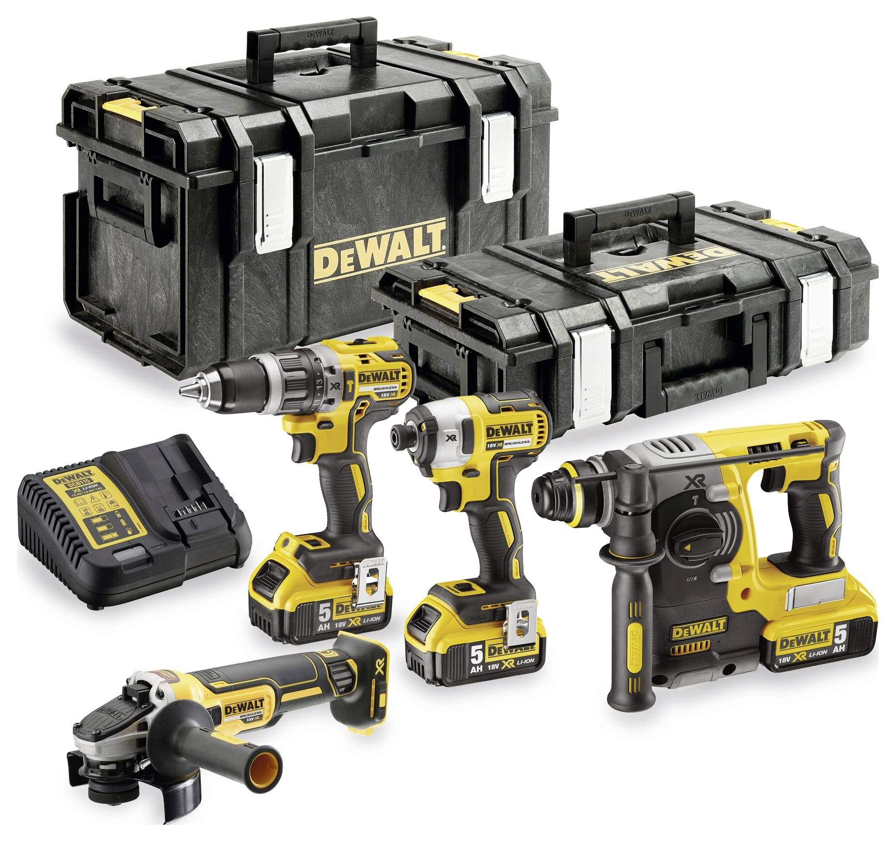 Ein Set aus kabellosen DeWalt-Elektrowerkzeugen, bestehend aus einer Bohrmaschine, einem Schlagschrauber und einem Bohrhammer, mit Batterien, Ladegerät und Aufbewahrungskoffern.