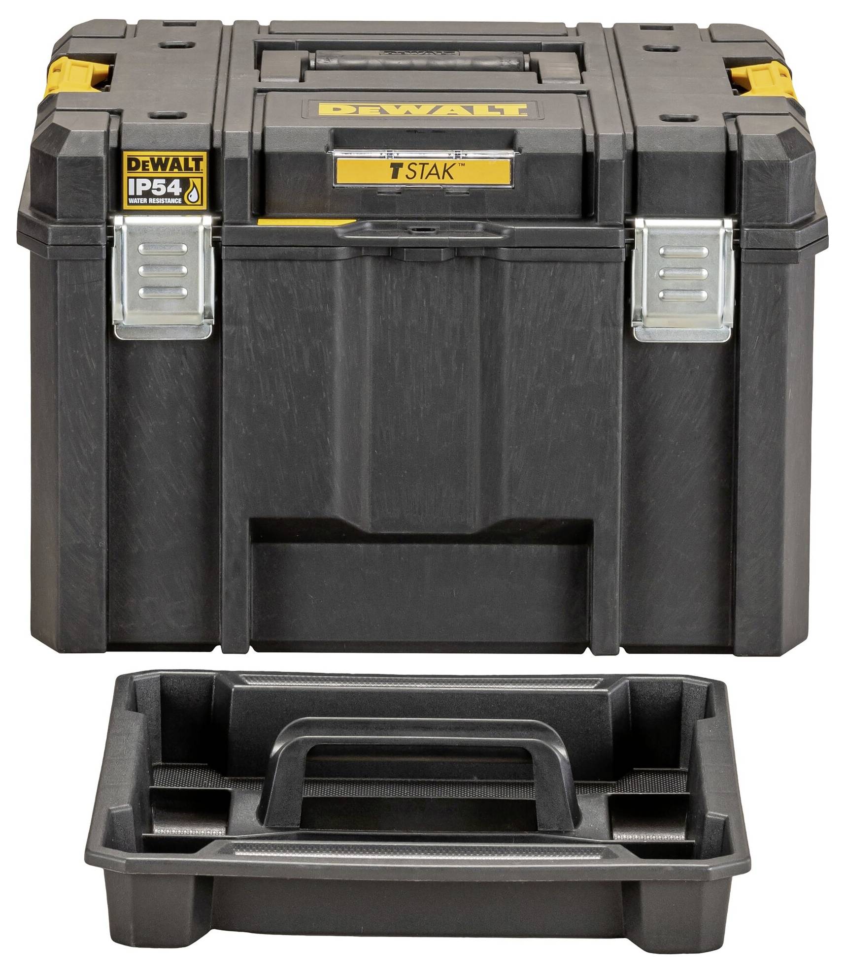Eine schwarz-gelbe, robuste Werkzeugkiste mit der Marke oben angebracht. Sie verfügt über ein abnehmbares Tablett und ist mit „IP54