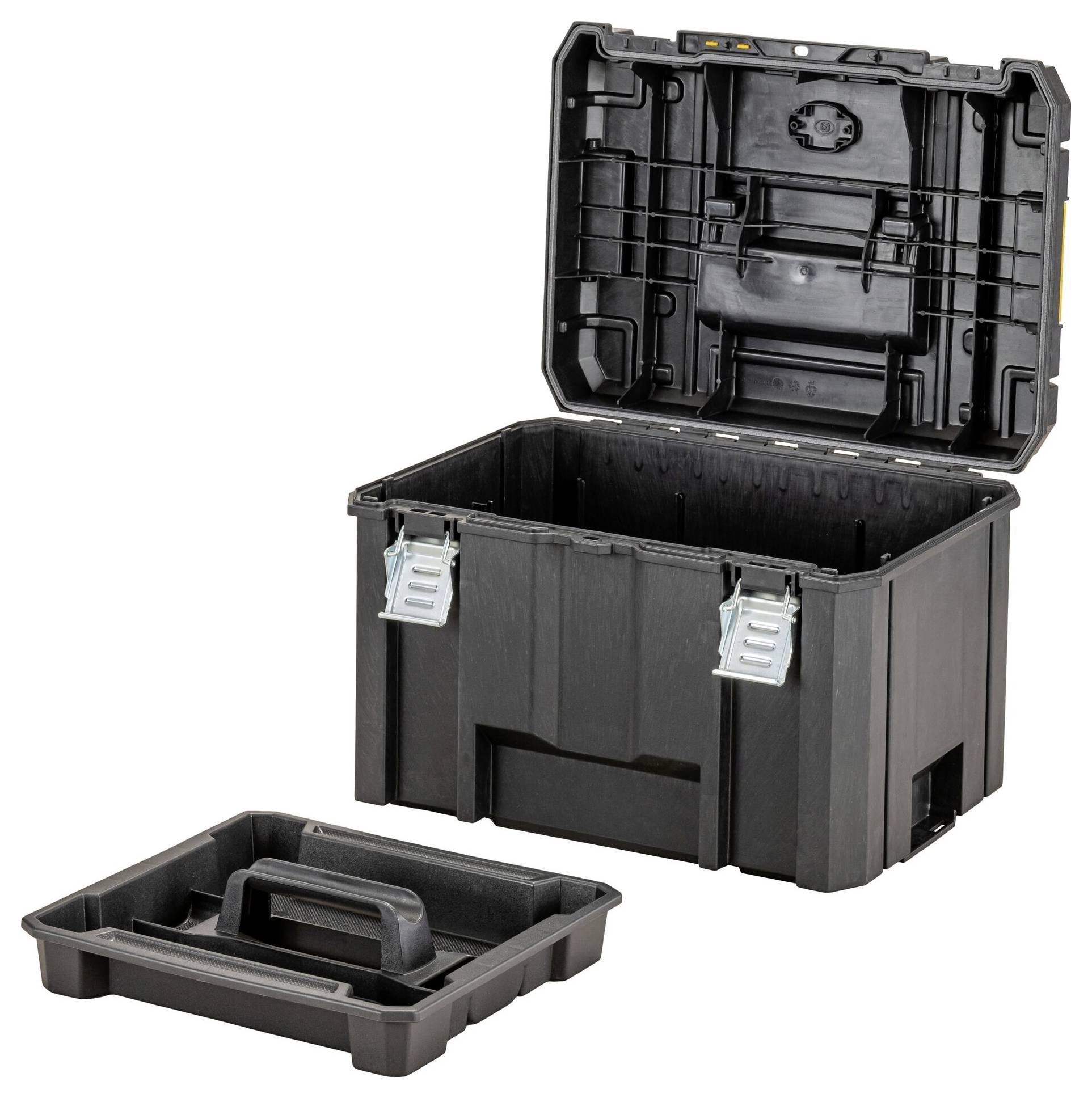 Eine schwarze Werkzeugkiste mit geöffnetem Deckel und zwei Verschlüssen, mit einem abnehmbaren Tablett mit Griff daneben, beide leer.