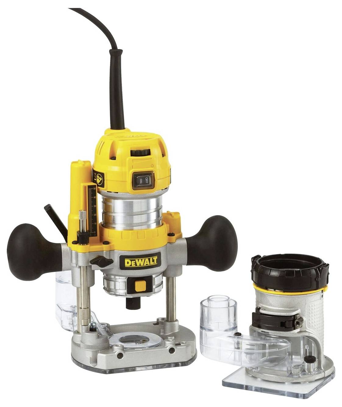 Ein gelb-schwarzer DeWalt-Fräser mit einer Dual-Handle-Basis und einer separaten zusätzlichen Basisanbringung, die für Holzbearbeitungsaufgaben verwendet wird.