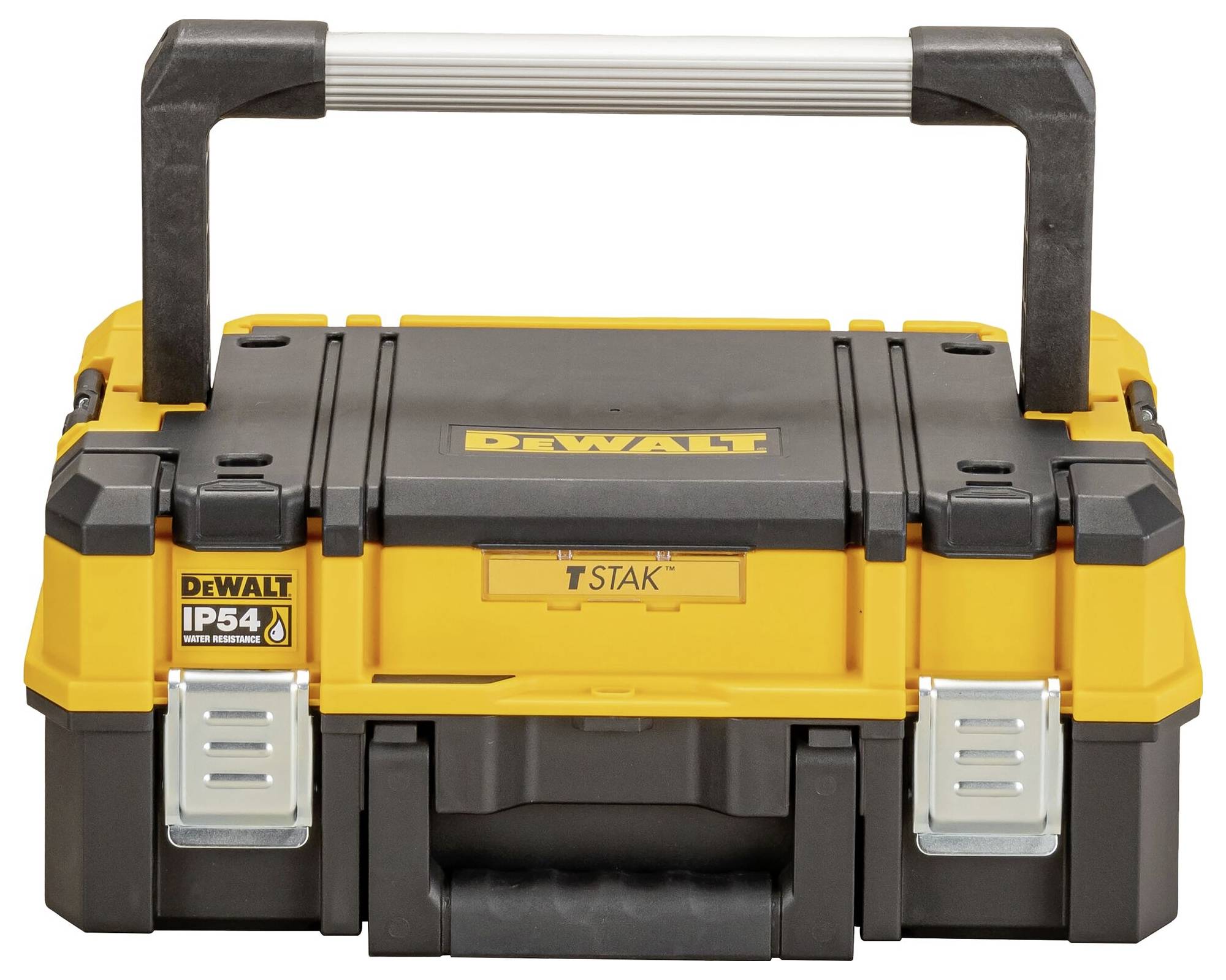 Eine gelb-schwarze Werkzeugbox mit Metallverschlüssen und Griff, mit der Marke „DeWalt TSTAK
