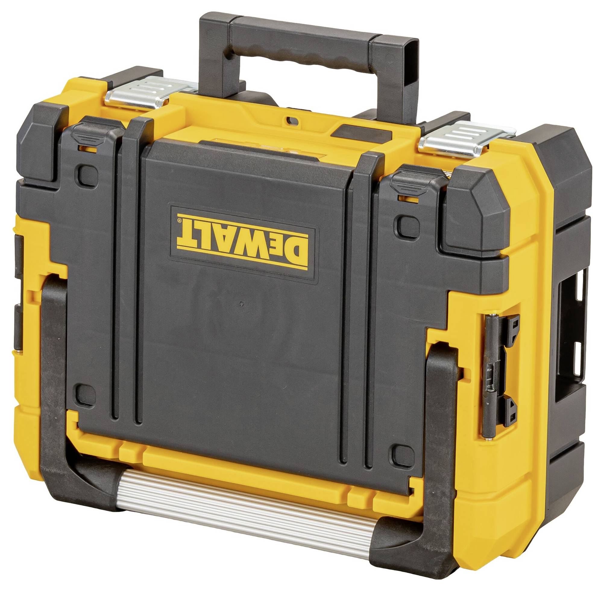 Ein robustes, schwarzes und gelbes Hartschalenkoffer mit Tragegriff und 