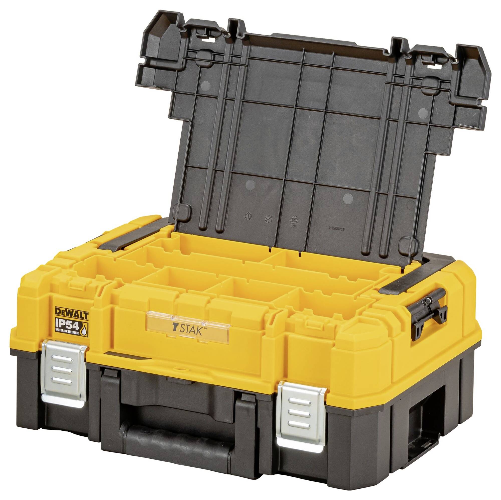 Aufbewahrungsbox mit offenem Deckel, das Innere mit Fächern ausgestattet. Sie ist gelb und schwarz, mit deutlich sichtbarem „T STAK